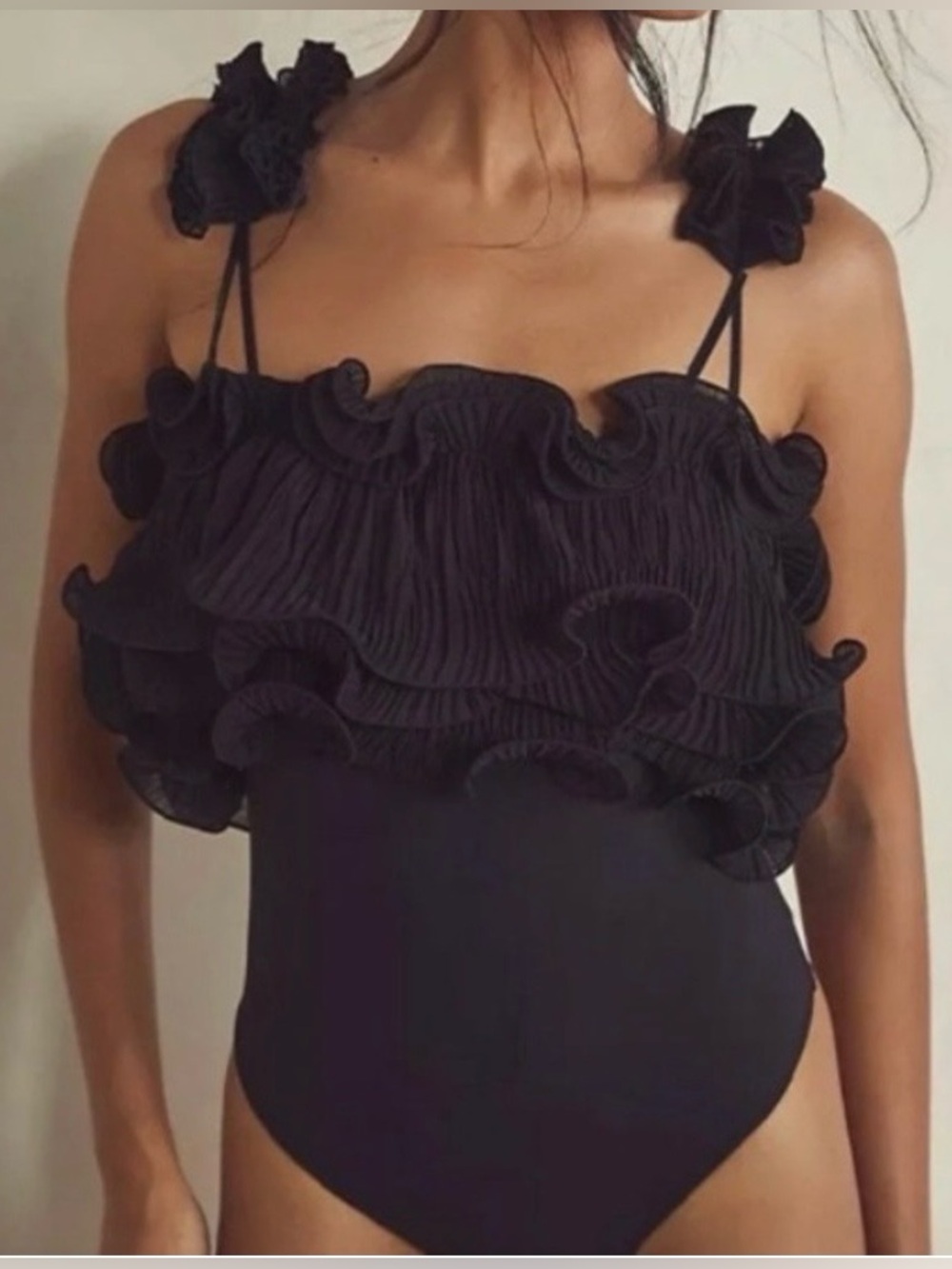 Intimately by Free People Black Ruffled Thong Bodysuit